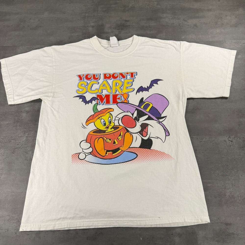 Vintage Looney Tunes T-Shirt Unisex L You Don't Scare Me White Halloween EUC
